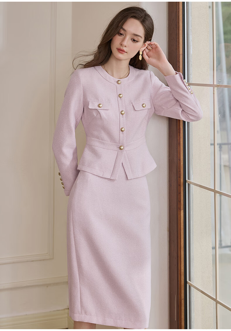 ROEYSHOUSE Premium Little Chanel Style Slim Fit Short Jacket + Skirt Two-Piece Set 09299 Pink M 7