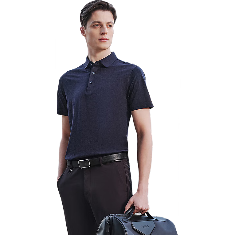 YOUNGOR POLO Men's, 2025 Summer Youth Business Casual Short-Sleeve Polo Shirt, Navy Blue, S