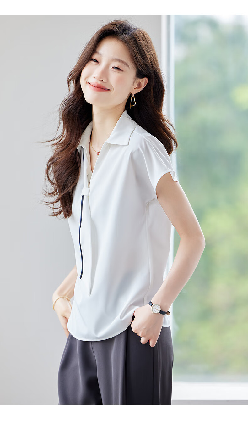 Jeanswest Women's Short Sleeve Shirt 2025 Summer High-End Design Ribbon Versatile Commuter Top White M 19