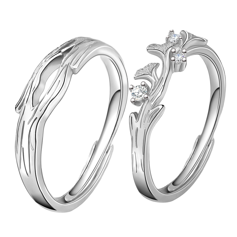 MANHE S999 Sterling Silver Couple Rings, One Pair of Engagement Diamond Rings, Adjustable Women's And Men's Birth Ring, Valentine's Day Gift