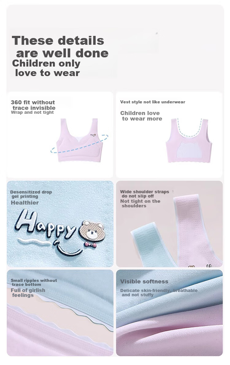 FitonTon Girls' Underwear, Seamless Bra with Fixed Cups, Sports Bra for Puberty, Anti-Shock Bra for Middle School Students, Children's Thin Underwear 11