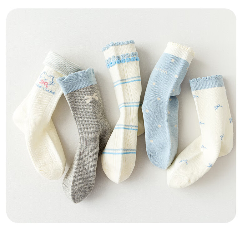 Five Cotton Flowers 5 Pairs Children's Girls' Spring Autumn Thin Cotton Mid-Calf Socks Seamless Antibacterial Odor-Resistant Durable Mid-Calf Socks 8