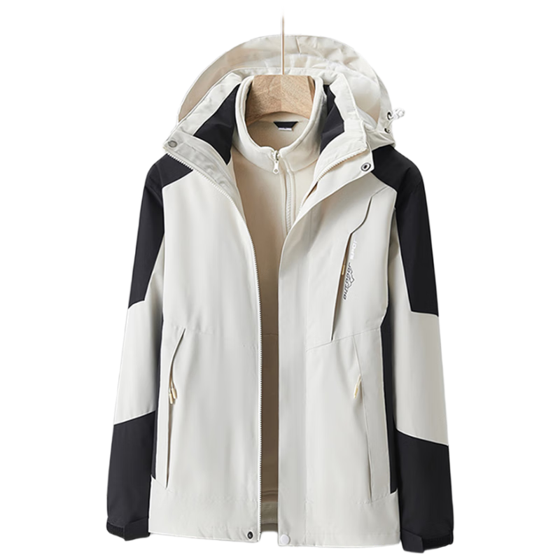 JEEP SPIRIT Unisex 3-in-1 Jacket Autumn Winter Outdoor Mountaineering Hooded Coat Ivory White XL