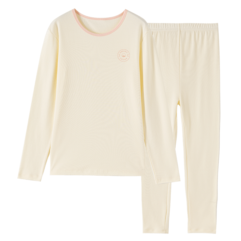 Dingguagua Girls' Junior High School Cotton Thermal Underwear Set, Cream White, Size 170