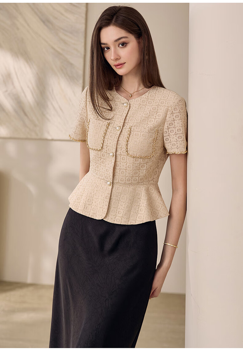 ROEYSHOUSE Lace Waist-Cinching Short Jacket for Women Summer Elegant Slim Ruffle Hem Top 11908 Apricot M 9