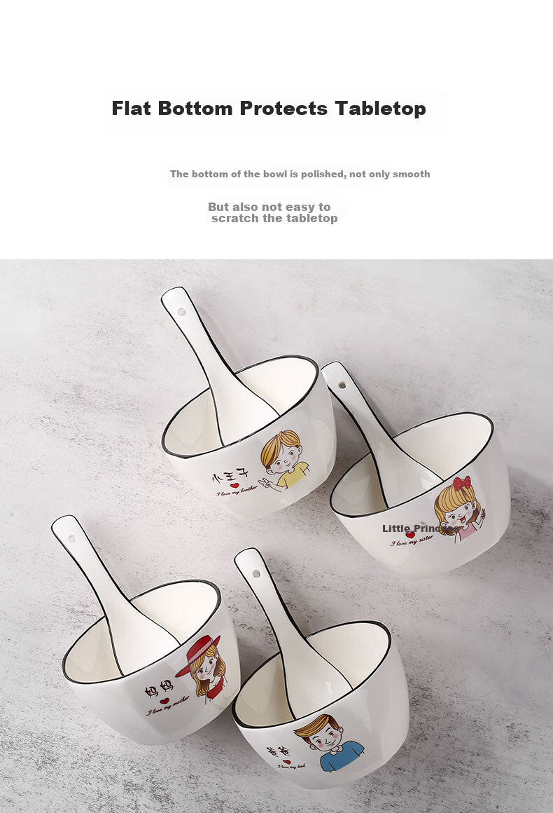 Canjiangjun Parent-Child Bowl Set, Household Tableware, Soup Spoons for A Family of Four, Ceramic Square Bowls, 4-Piece Set [With Matching Spoons] 13
