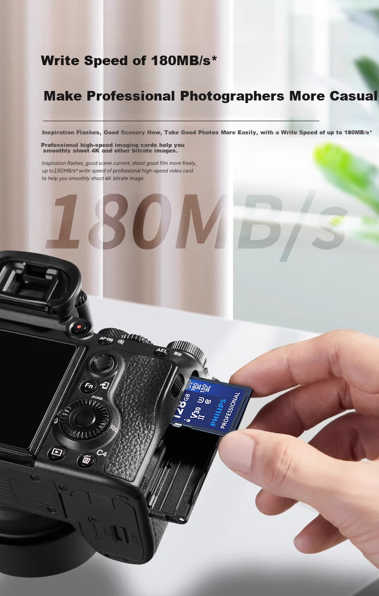PHILIPS 64GB SD Memory Card, 4K Ultra-Fast Blue Card, V30 U3 C10 Camera Storage Card, Read Speed 180MB/s, Write Speed 130MB/s, Mirrorless/DSLR Camera Memory Card 3