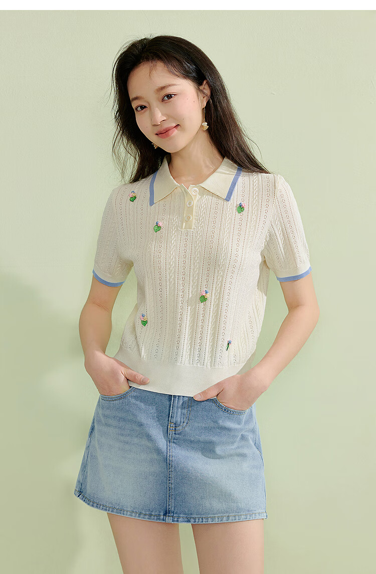 Inman French Style Hollow Out Thin Knitwear 2026 Summer New Women's 3D Flower Short Sleeve Top Cream White L 7