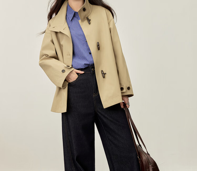 Sentubila British Style Cotton Blend Toggle Coat for Women Autumn Loose Slim Color Block Drop Shoulder Mid-Length Outerwear 10