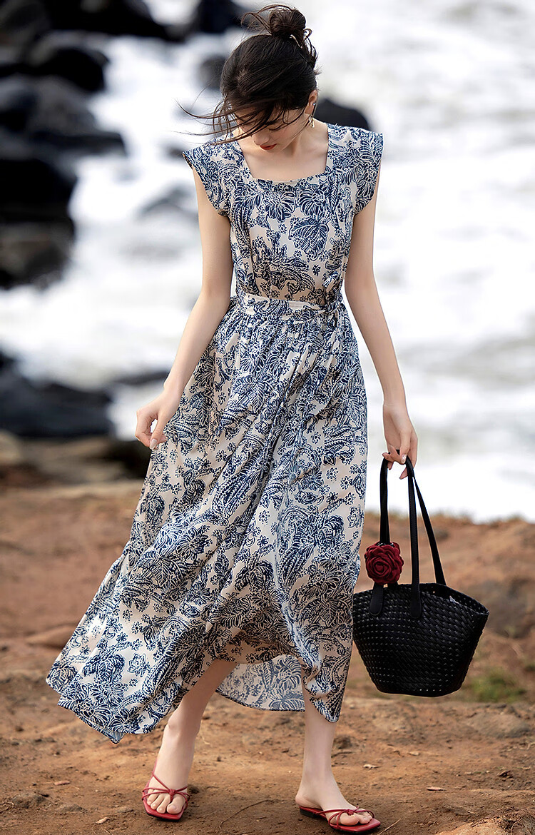 Demana [Dream Among Flowers] Summer National Style New Chinese Square Neck Tie Sleeve Waist Printed Elegant Women's Dress 13