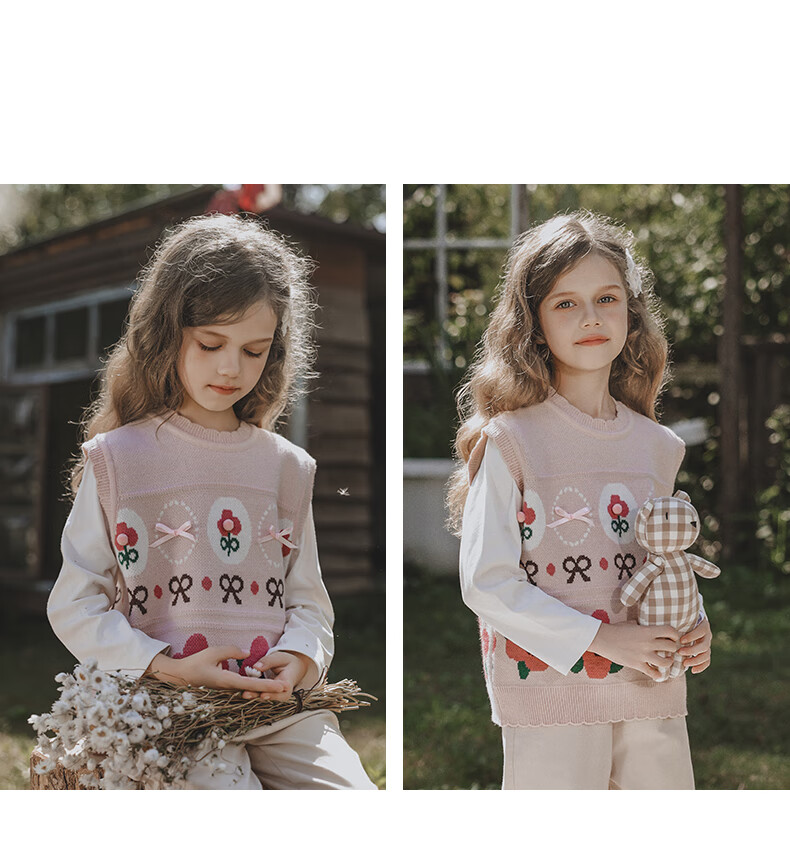 MOMOCO Girls' Vest Jacket Inner Wear Base Layer Outer Wear Stylish Sweet Cartoon Knitted Vest, White Apricot Color, Size 105 10