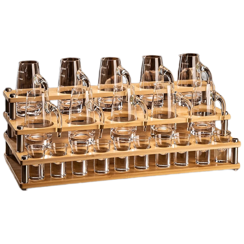 CLITON Baijiu Glass Decanter Set 100ml Liquor Dispenser 10 Pots 10 Cups Storage Rack