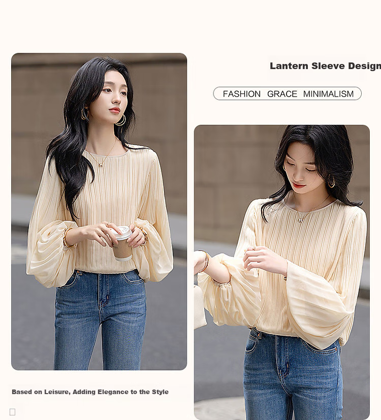 Dme [Gentle Daily] Spring Cream-Colored Textured Chiffon Blouse with Lantern Sleeves, Ladylike Shirt Women's Top 5