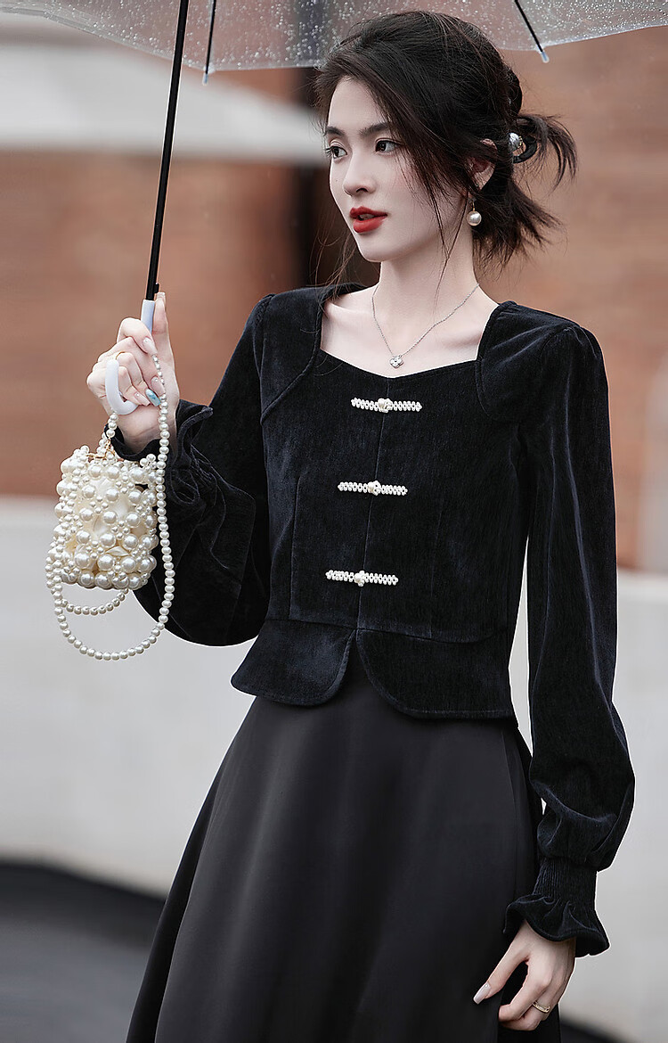 Dme [Xuoxing Wan Yue] Spring And Autumn Style New Chinese-Style Square Collar Shirt with Pearl Buttons, Velvet Blouse Women's Top 10