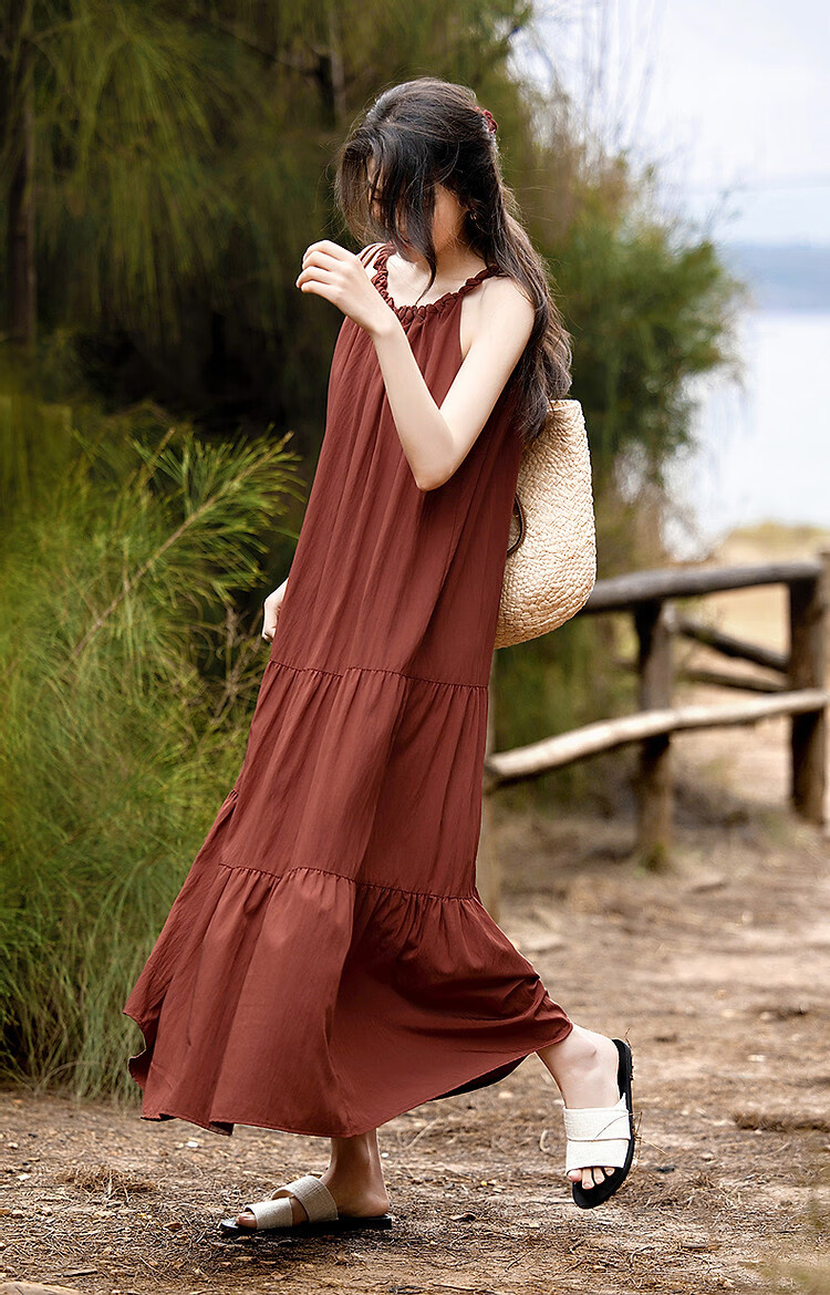 Demana [Neck-Tie Halter] Summer Elegant Vacation Style Handmade Gathered Collar Off-Shoulder A-Line Waistless Women's Dress 14