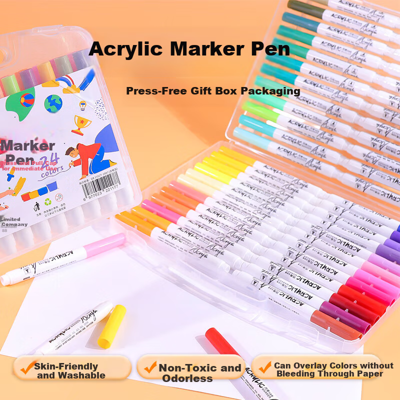 BOJIAO Acrylic Marker Set, Waterproof Quick-Drying Large Capacity DIY Graffiti Pens, Drawing Colored Pencils, Fluorescent Markers, Student Birthday Children's Day Gift, 24 Colors