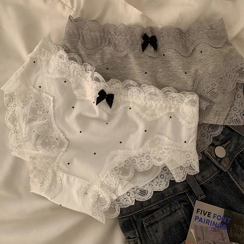 FitonTon4条装内裤女纯棉甜美少女纯棉裆复古蕾丝边舒适三角短裤头L