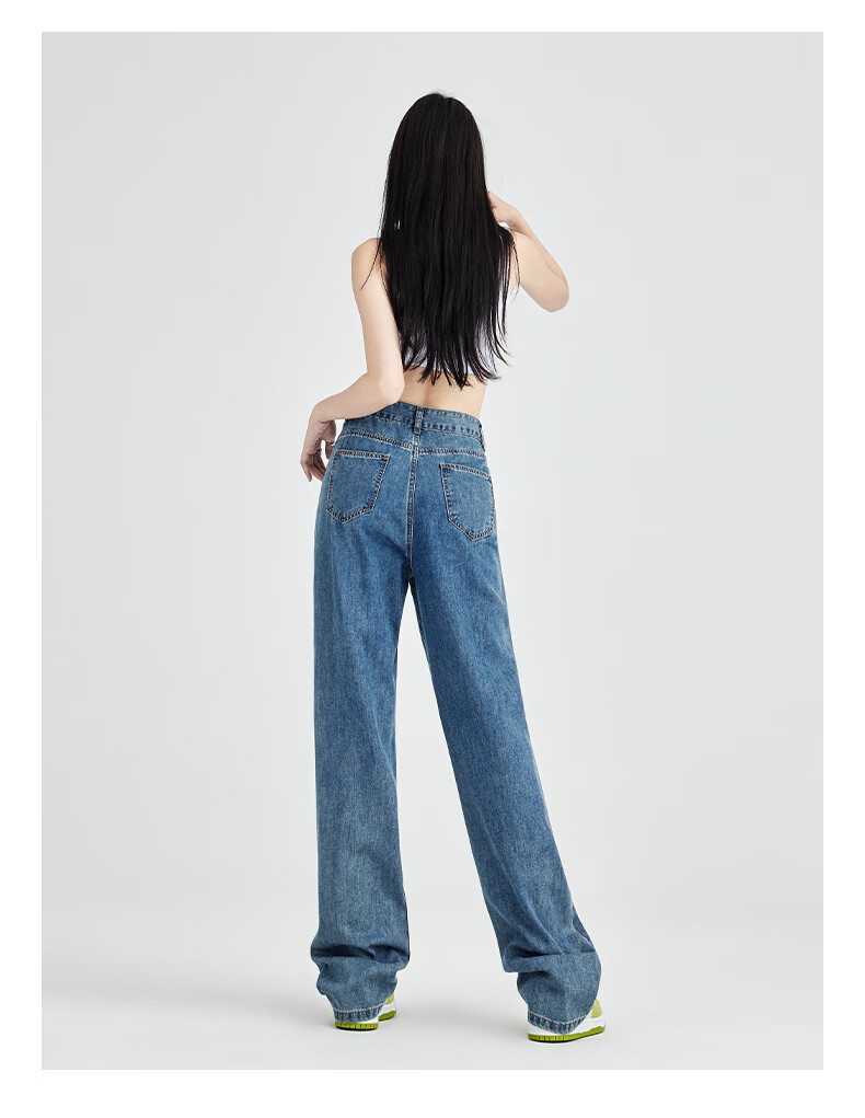 Jeanswest Women's Summer Loose Wide-Leg High-Waist Slimming Petite Straight-Leg Floor-Length Light Blue Jeans M 5
