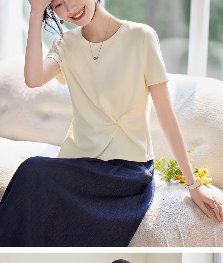 Shangdu Bila Slim Fit Slimming Pure Cotton T-Shirt Women Summer Design Irregular Short Sleeve Elegant Top Black S 10
