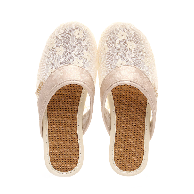 Hengyuanxiang Hollow Lace Linen Slippers for Women, Summer Office Indoor Home Use Breathable Closed-Toe Sandals, Beige 39-40