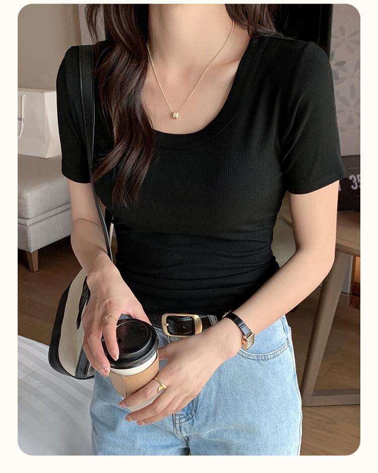 Langsha Women's Summer Ribbed Short Sleeve T-Shirt 2025 New Slim Fit Crew Neck Top Outerwear 16