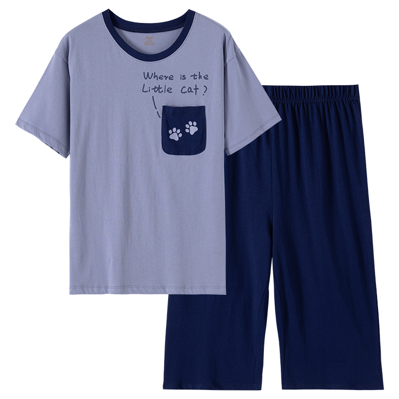 Dingguagua Summer Pure Cotton Boys' Pajama Set, Youth Large Size Thin Style Boys' Home Wear Short Sleeve, Blue, 170