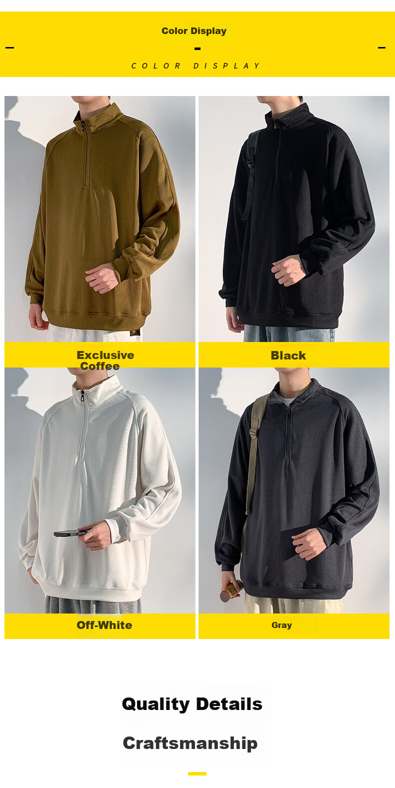 Homlean American-Style High-Quality Hoodie for Men, Autumn Loose-Fit Trendy Pullover Stand-Collar Half-Zip Base Layer HM06 Gray L 6