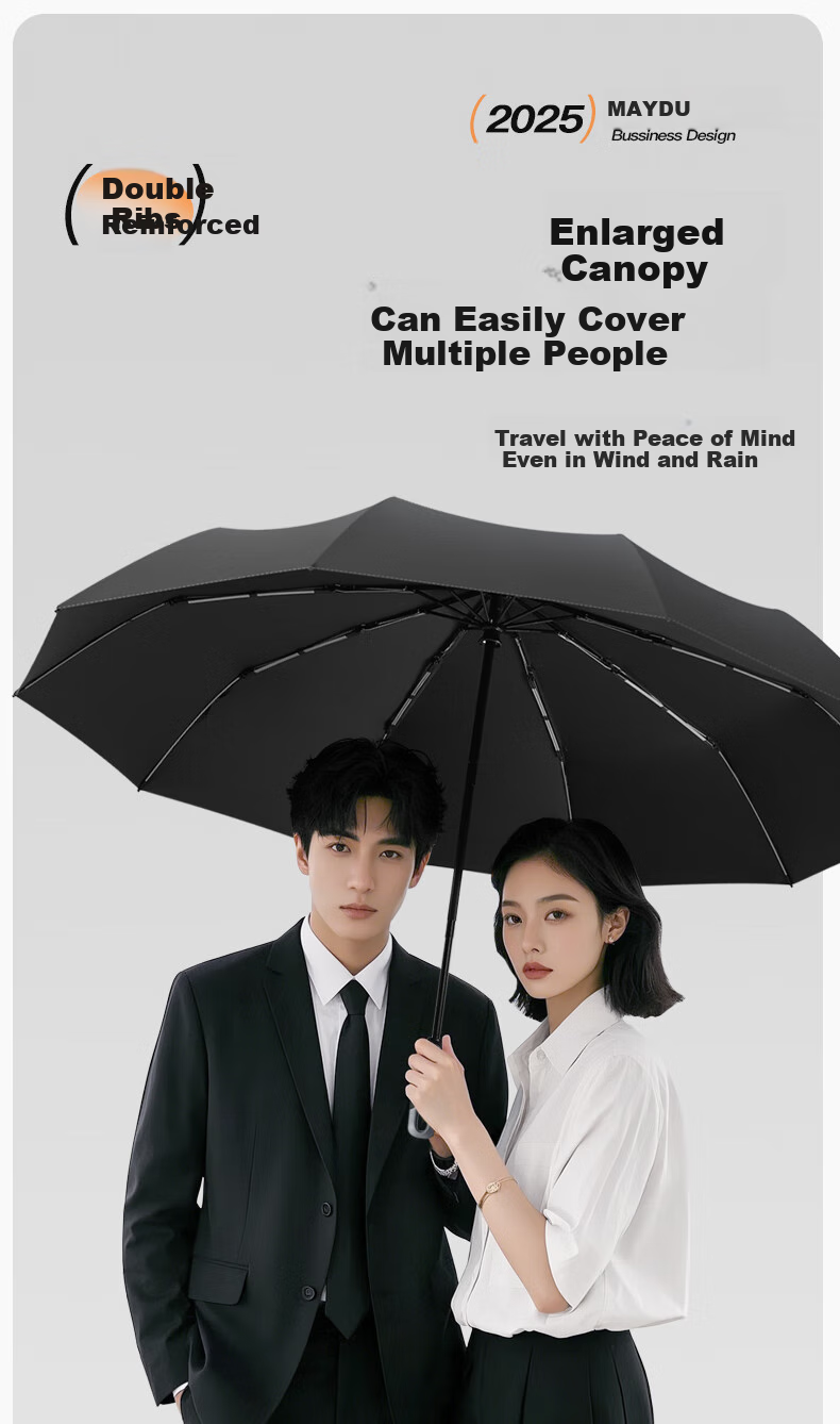 MAYDU Fully Automatic 10-Rib Umbrella, Men's Business Folding Umbrella for Sun And Rain, Extra Large Reinforced Tri-Fold Double Umbrella M3077 Navy Blue 9
