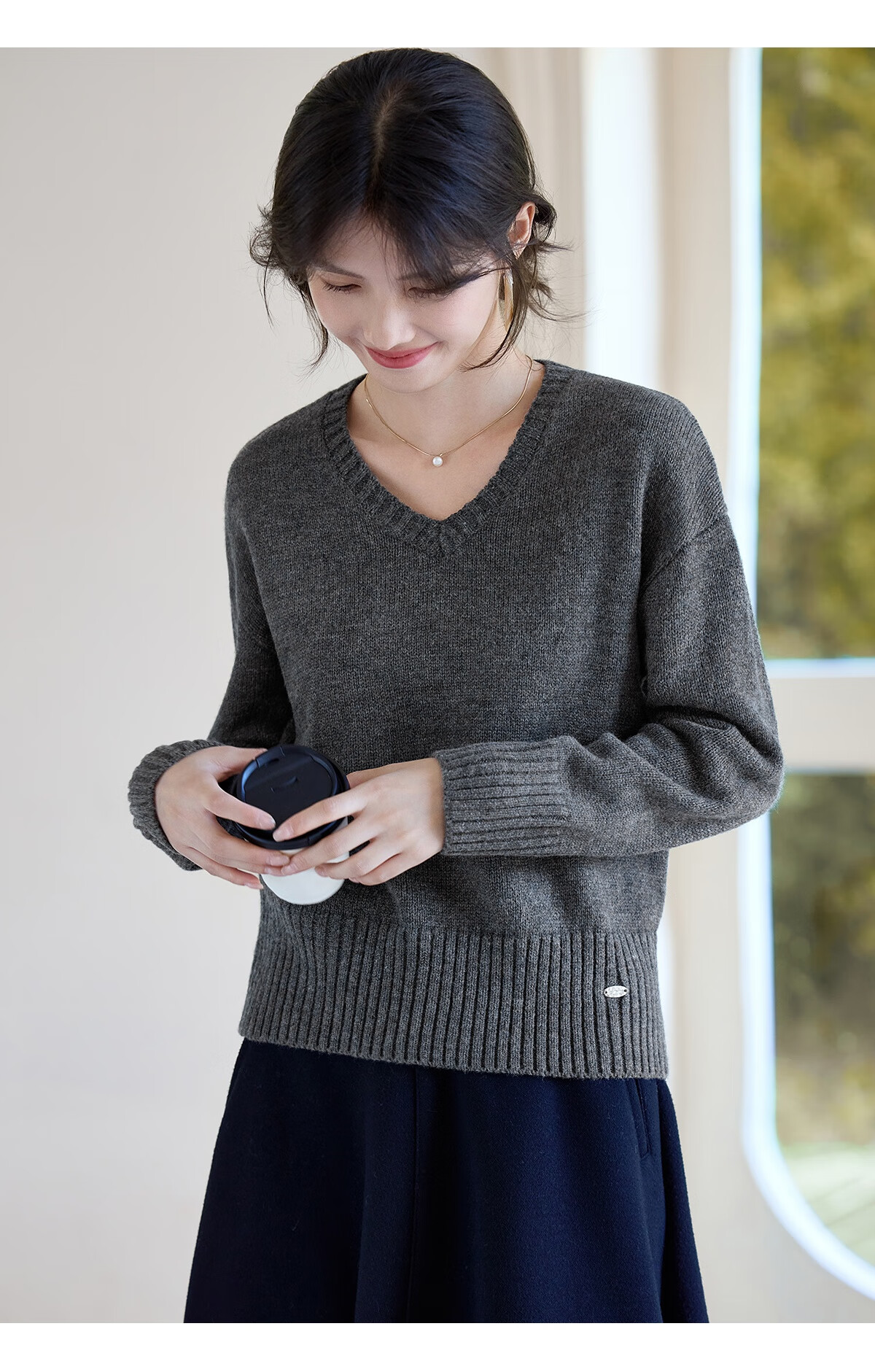 She Enjoy Lazy Style Knitwear Women's Gray V-Neck Sweater Knit Top Base Shirt T53Z093 5