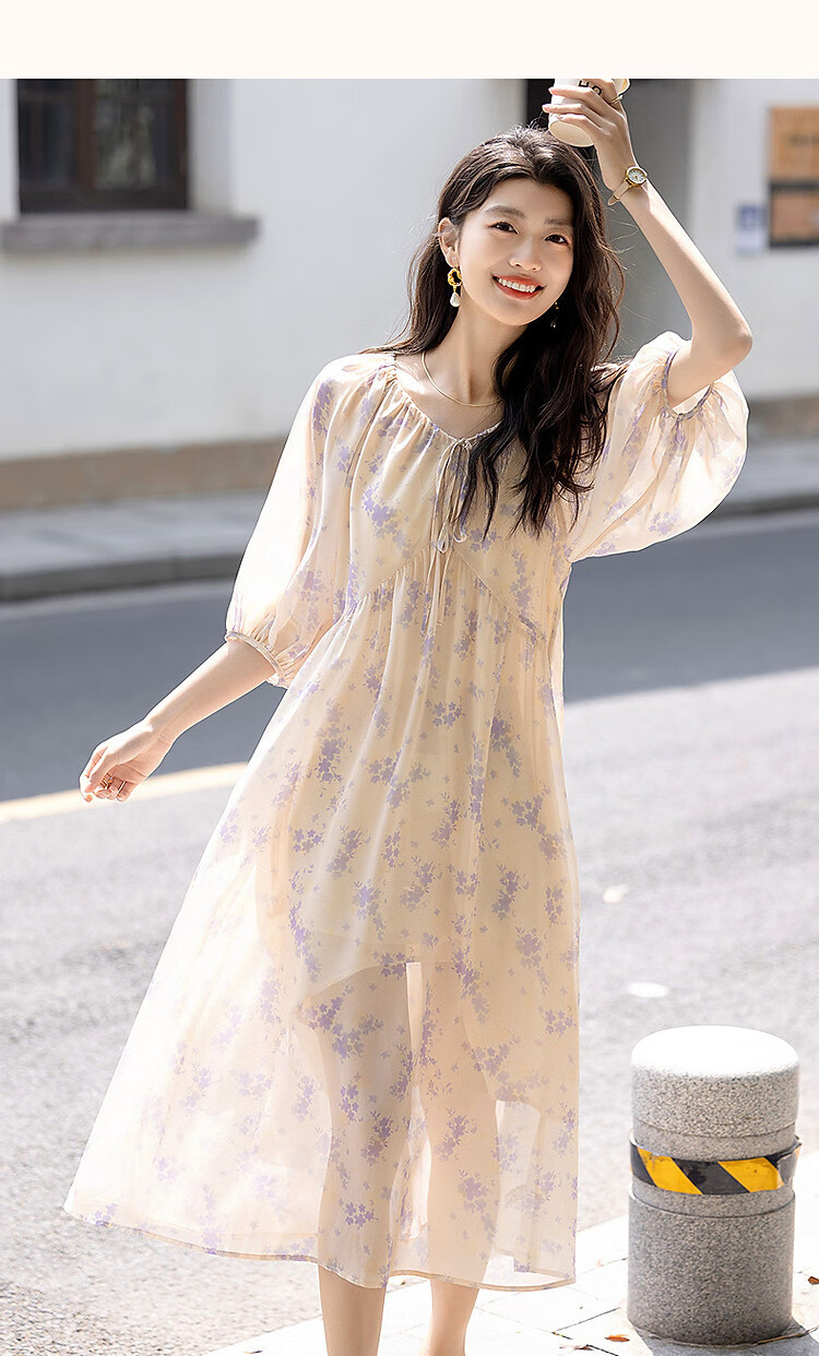 Demana "Human Elegance" Summer Lightweight 75D Chiffon Beaded Floral V-Neck Drawstring Puff Sleeve Women's Dress 8