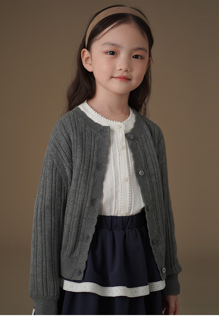 Hacikis Kids Spring and Autumn Knitted Cardigan Simple High-End Feel Skin-Friendly Girls' Mid to Big Kids Gray 160 7
