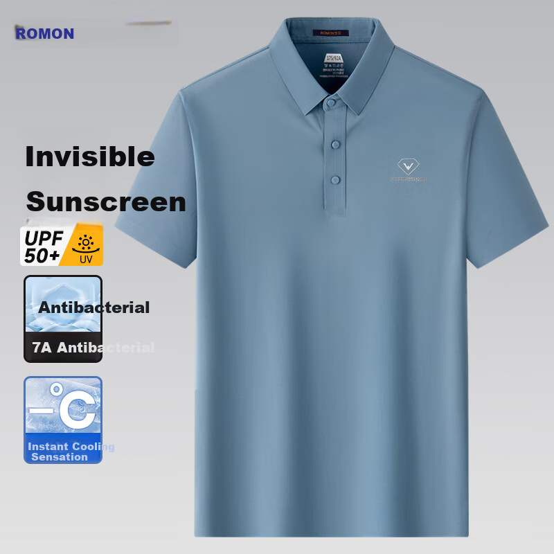 ROMON [Ice Silk High Elasticity + 7A Antibacterial] Sun Protection Short Sleeve Polo Shirt for Men, Summer T-Shirt for Middle-Aged, Cool-Feeling Collared Top