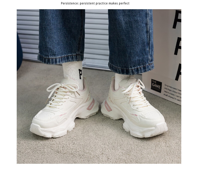 Warrior Women's Dad Sneakers 2026 Spring New Leather White Thick Sole Height Increasing Casual Sports Shoes 9