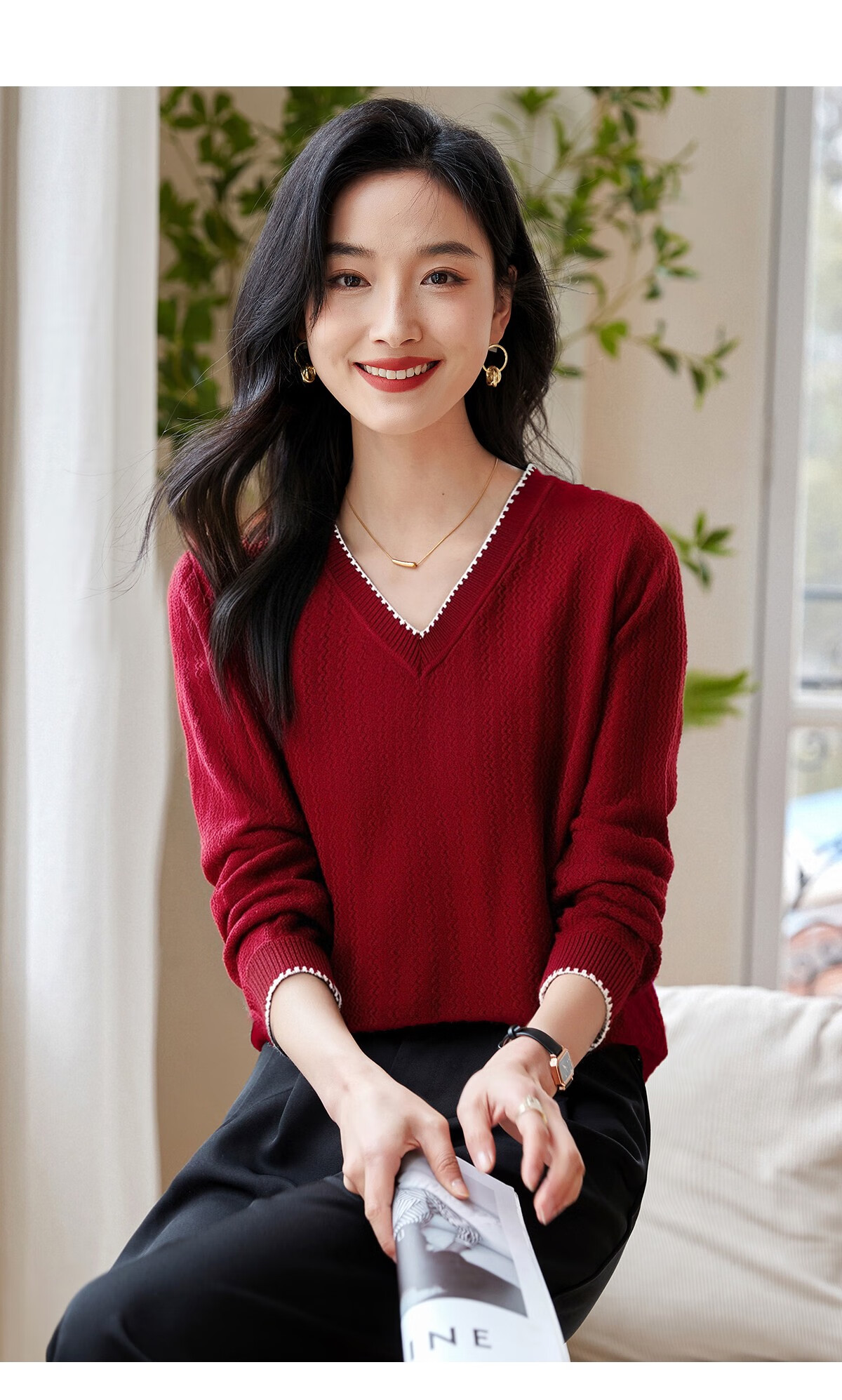 Chushen Women's Spring and Autumn Knitwear Fashionable Elegant V-Neck Color-Block Collar Long Sleeve Base Shirt S141Z3649 23