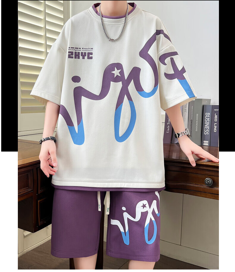 Zuofeili Men's Short-Sleeve Shorts Set, 2026 Summer Ice Silk Trendy T-Shirt, Casual Sports Outfit for Older Boys in Middle School 23