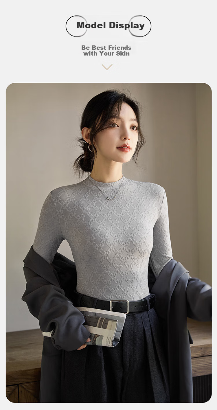 LangSha Base Layer, Spring And Summer Thin Style, Slim-Fit Waist-Cinching T-Shirt for Women, Warm Black And White Color, Slimming Round Neck Inner Wear, Long-Sleeve Top 12