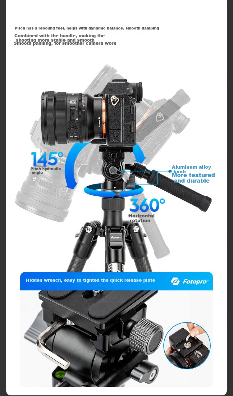 Fotopro Air Three Mini Video Phone Live Streaming Photography Carbon Fiber Video Shooting Hydraulic Tripod Camera Stand with Phone Clamp Included 6