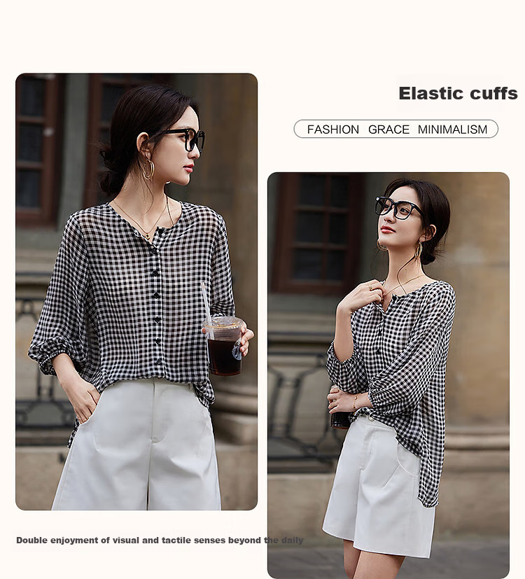 Dme [Japanese-Style Commuter] Spring Vintage Plaid Chiffon Printed Shirt, Short Front Long Back Elastic Sleeve Blouse, Women's Top 4