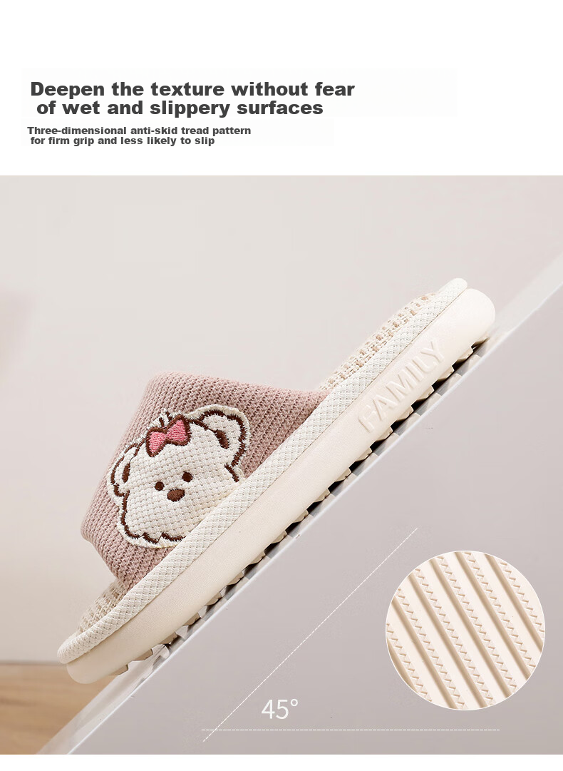 XGGC Four-Season Slippers for Women, Spring Cartoon Indoor Home Floor Sweat-Absorbing Breathable Cotton Linen Slippers for Men, Pink, Size 38-39 6