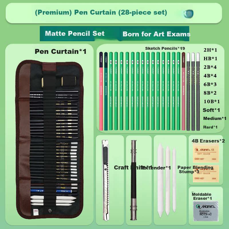Marie's Matte Sketching Pencil Set for Art Students, Drawing Exam Pencils, Charcoal Pencils, Sketching And Painting Kit - Beginner Level 28-Piece Set - Pen Roll Art Sketching