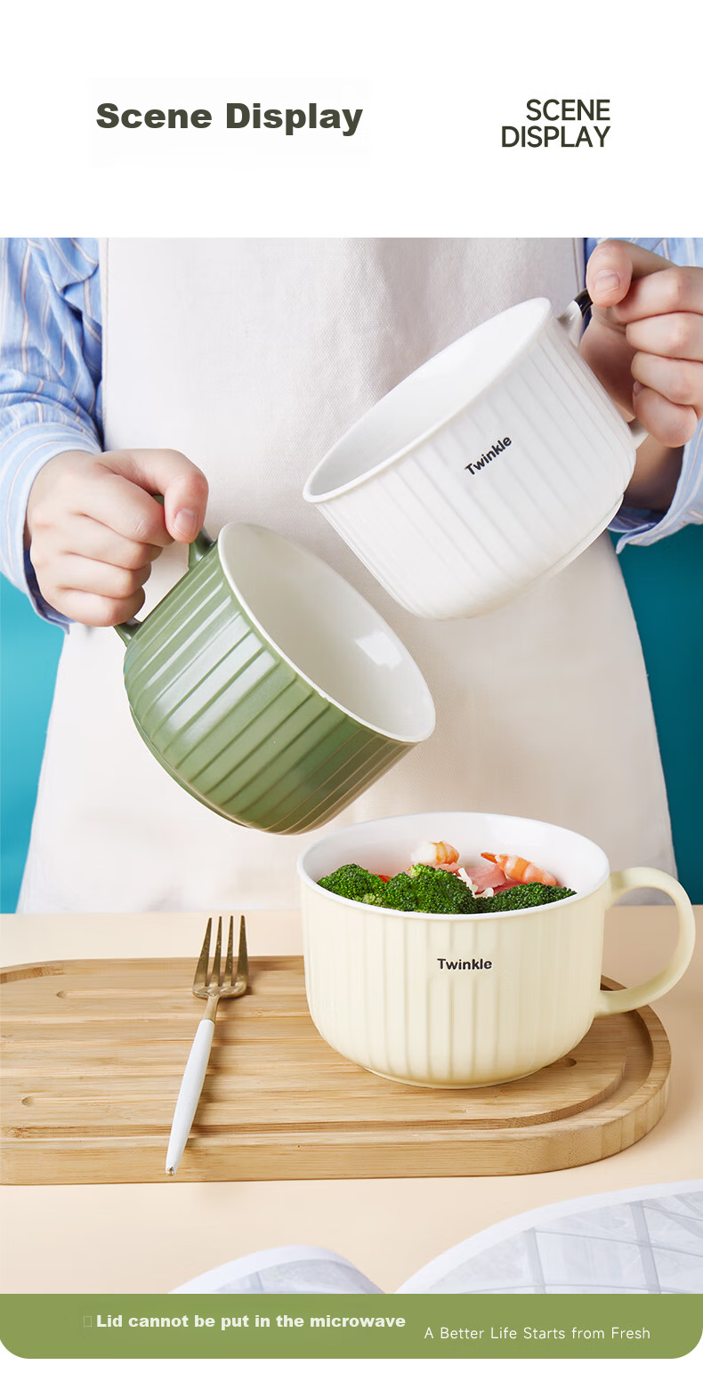 IJARL Ceramic Ramen Bowl with Lid, Student Lunch Box, Noodle Cup, Food Storage Bowl, Soup Bowl, Nordic-Style Ramen Cup in Gree 7