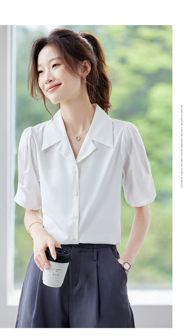 Jeanswest Women's Summer V-Neck Lapel Shirt Stylish Commuter Versatile French-Style Top Blue 2XL 12