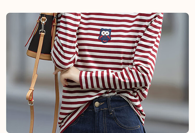 Demna【Striped Liberal】Spring and Autumn Loose Contrast Color Long Sleeve T-shirt Women Cute Patch Embroidery Concealed Flesh Women's T-shirt 2