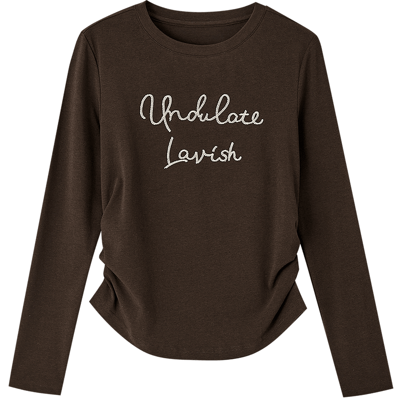 DME "Skin-friendly Cotton Ammonia" Autumn Design Color-blocking Letter Embroidery Round Neck Long Sleeve Petite Elegant Women's T-shirt