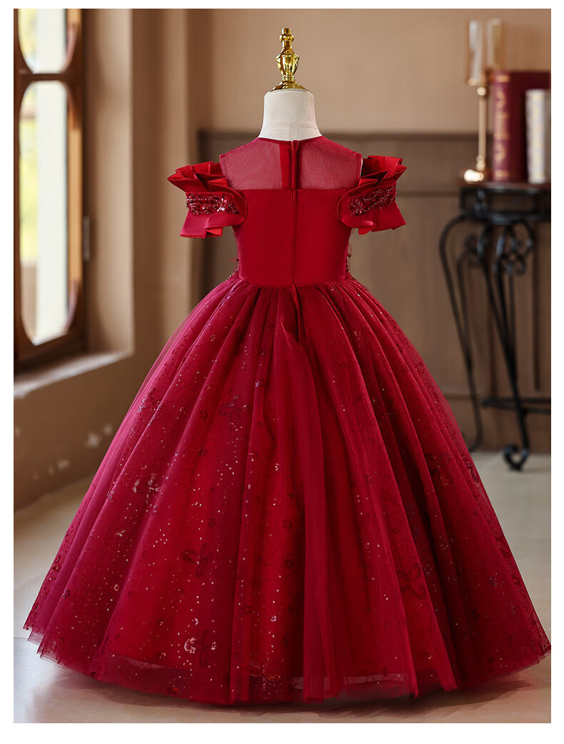 LUOBOBEIBEI Princess Dress Girls Puffy Tulle Dress Children's Formal Wedding Dress Little Girl Piano Performance Dress Red 120 4