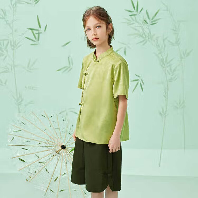 Zhimu Children's Clothing, New Chinese-Style Satin Button Stand-Collar Boys' Shirt, 2025 Summer New Children's Wear, Green, Size 160