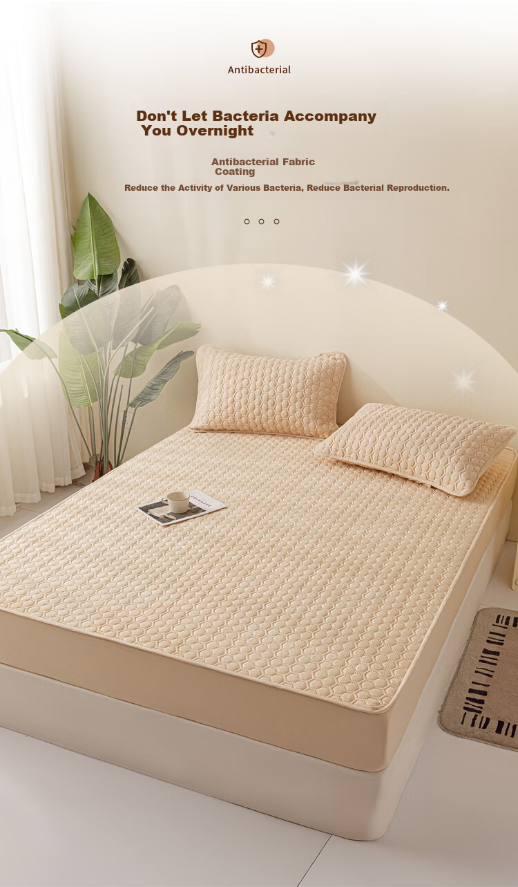Dushiliren Class A Quilted Antibacterial Fitted Sheet, Home Bed Cover, Single Full Coverage Dustproof Bed Cover, Milk Tea Color, 150*200cm 2