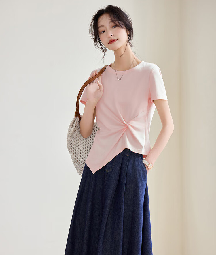 Shangdu Bila Slim Fit Slimming Pure Cotton T-Shirt Women Summer Design Irregular Short Sleeve Elegant Top Black S 16