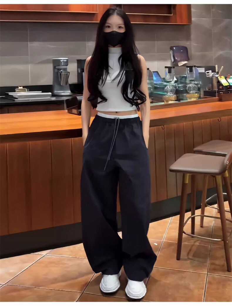Langsha Women's American Style Work Pants Summer 2026 New High Waist Drawstring Colorblock Quick-Dry Sports Loose Casual Curved Cut Pants 11