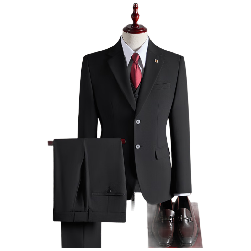 ROMON Men's Business Suit Set Blazer + Vest + Trousers Wedding Formal Jacket Dark Blue 4XL